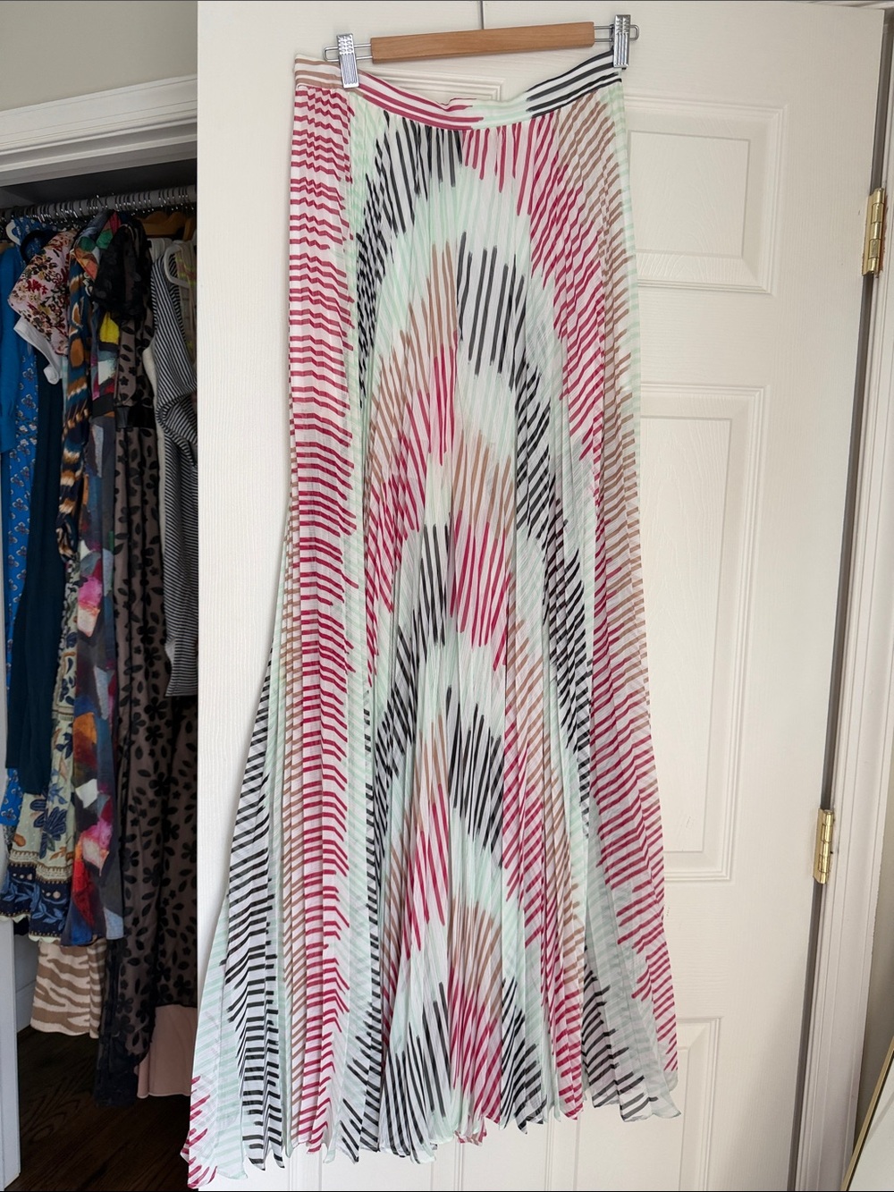 Alice + Olivia Mint, Pink & Black Pleated Maxi Skirt